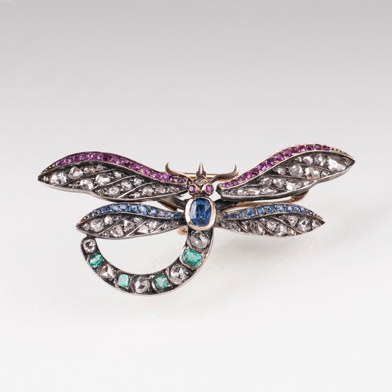Belle Epoque Brosche mit Farbedelsteinen und Diamanten 'Libelle'