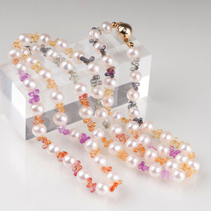 A modern pearl sautoir with multicoloured sapphires