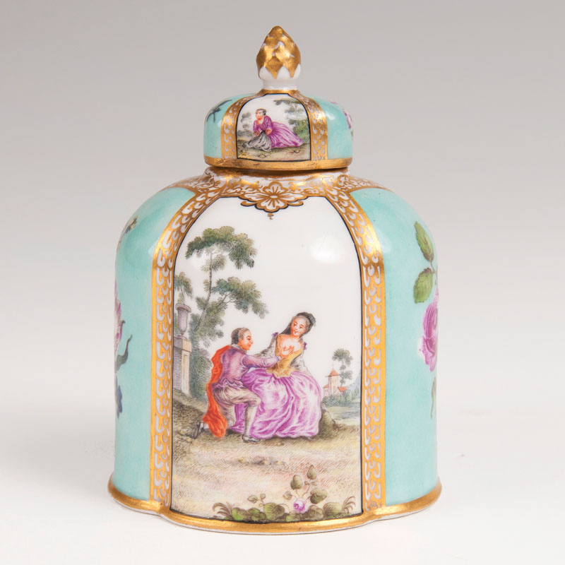 A tea caddy with fine Watteau painting and turquoise ground - image 2