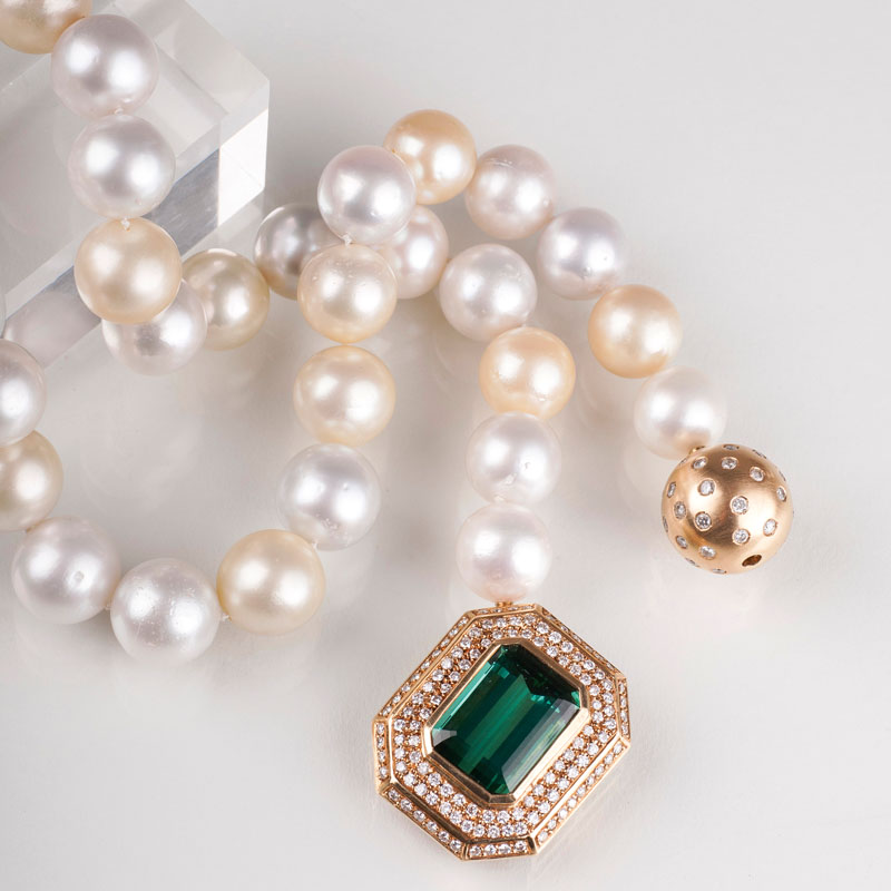 A Southsea pearl necklace with highcarat tourmaline diamond interchangeable clasp
