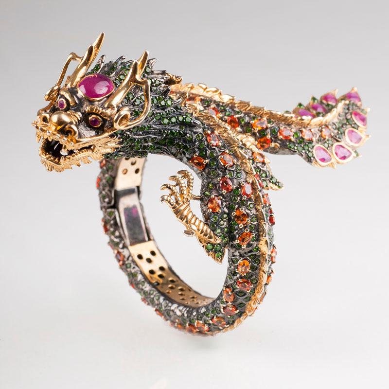 An impressive, fantastic dragon bangle bracelet with multi coloured stones