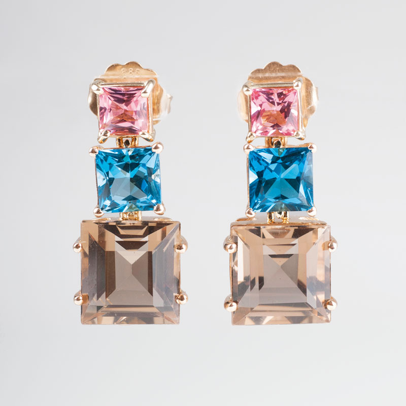 Paar Ohrhänger mit Rosa-Turmalin, Blautopas und Rauchquarz