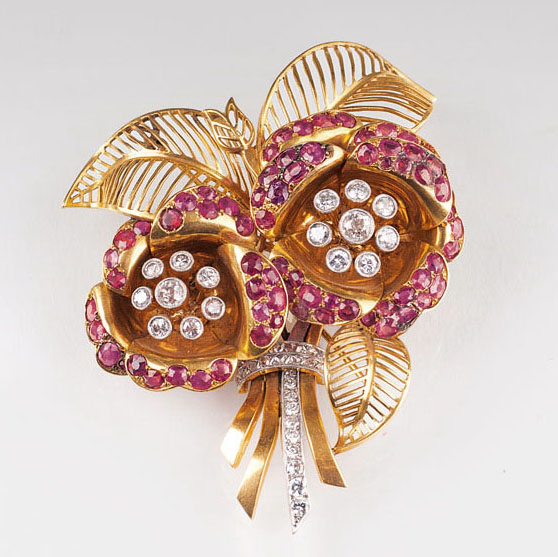 An extraordinary, american Vintage brooch with rubies and diamonds