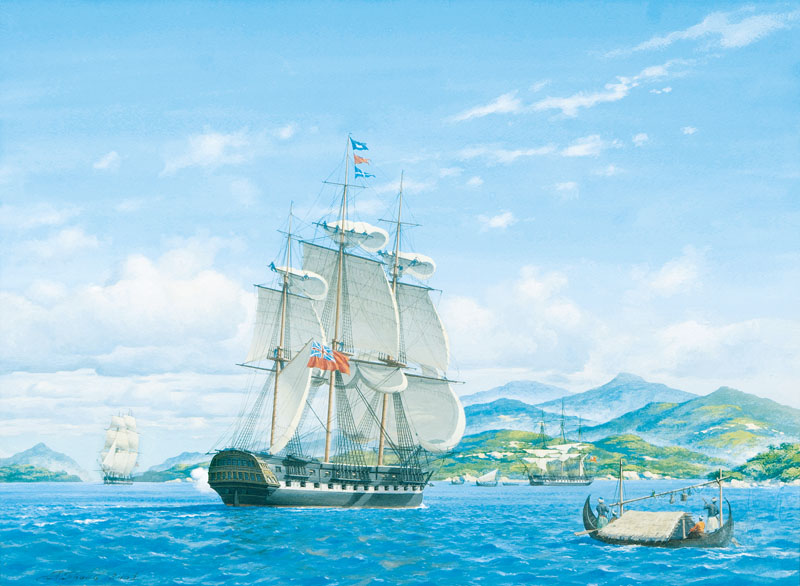 Englische Schiffe vor einer tropischen Küste