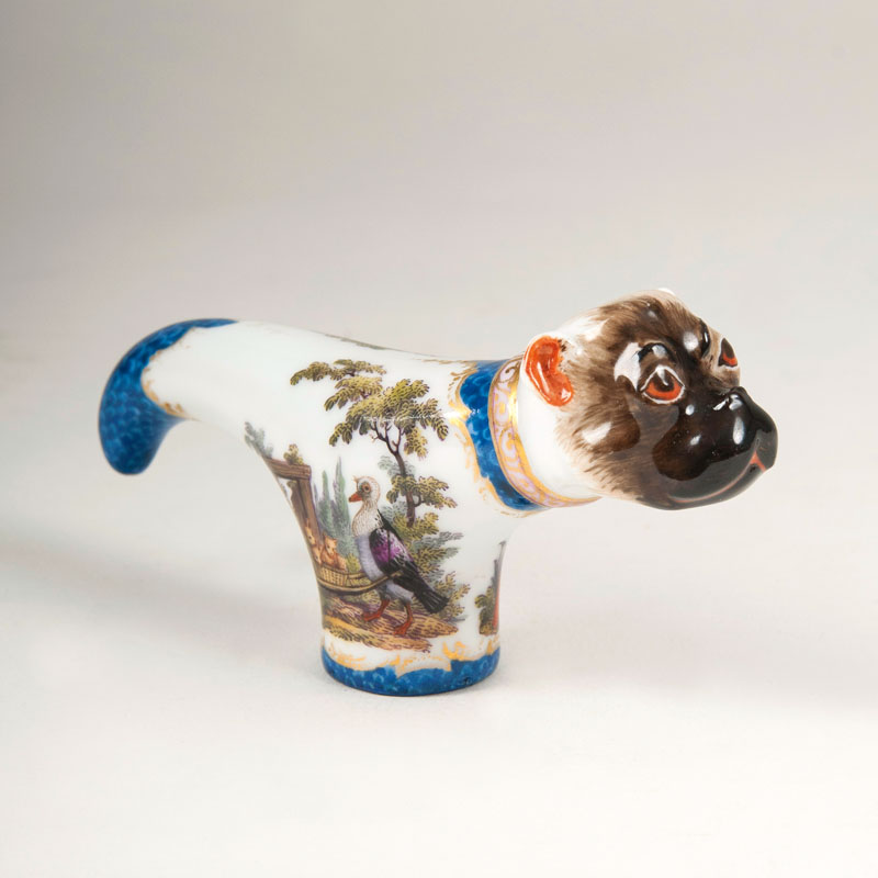 A rare Meissen cane handle of 'Mops'-form