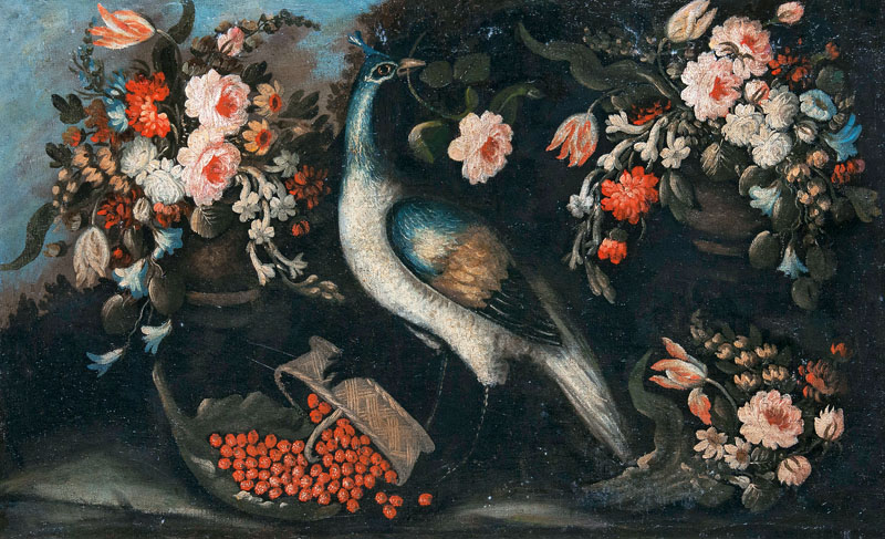 Pfau mit Blumen und Früchten