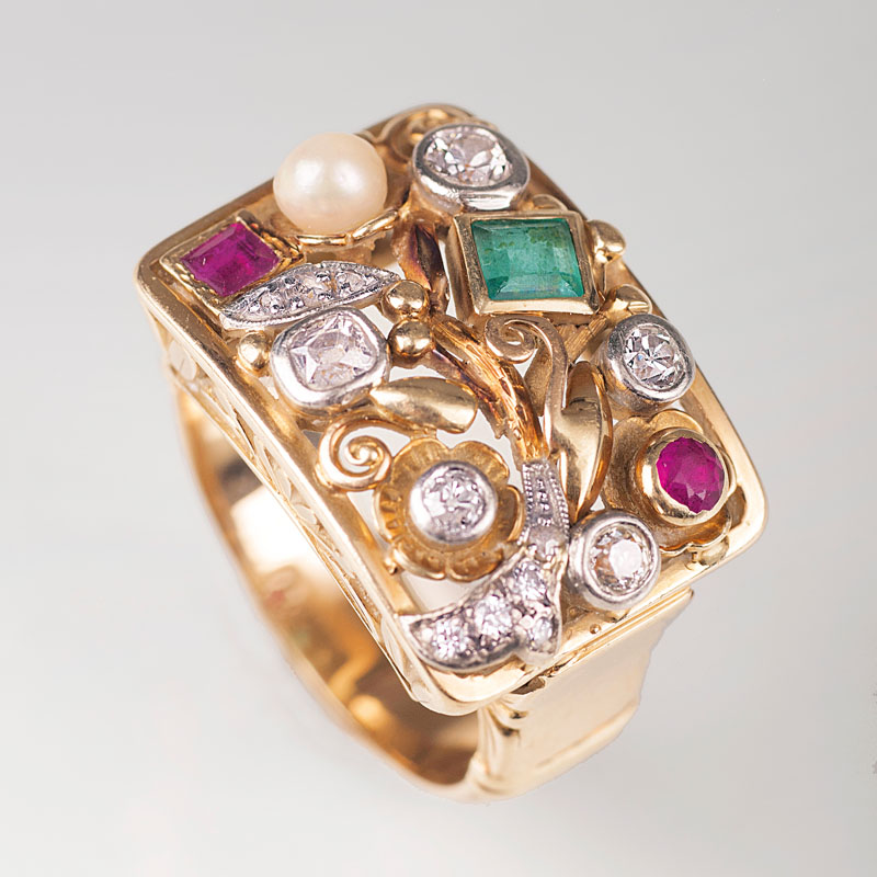 A Vintage ruby emerald diamond ring