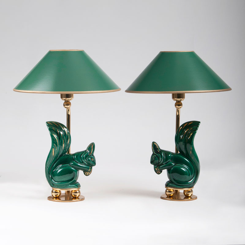 A pair of Mid Century table lamps with squirrel