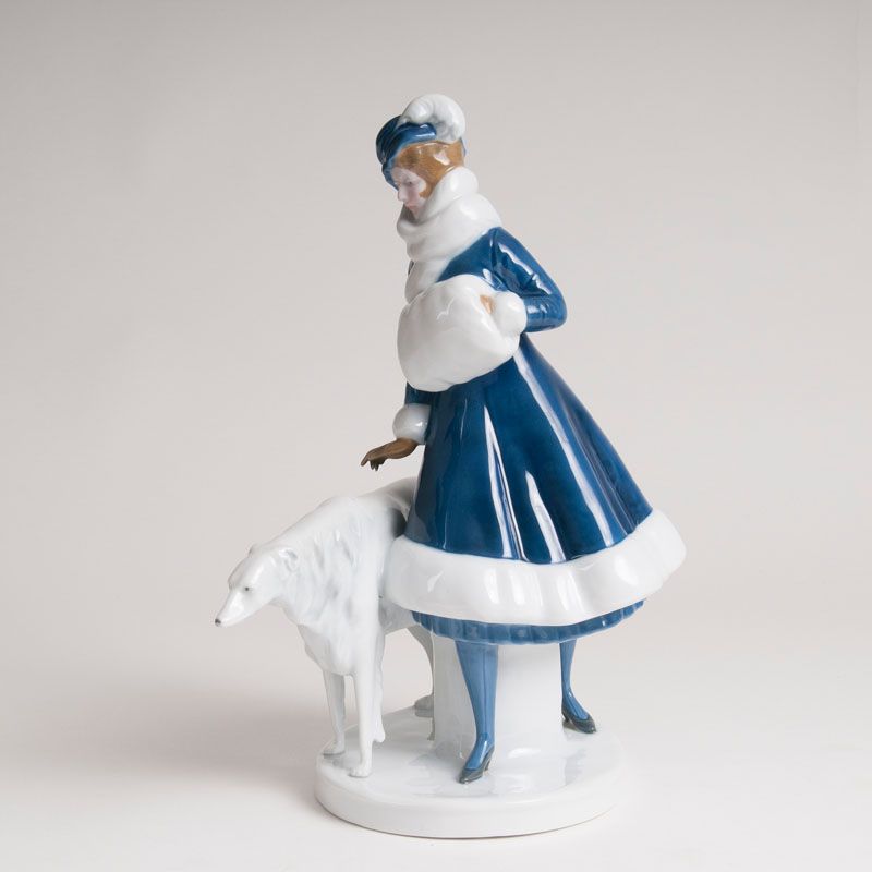 Jugendstil-Porzellangruppe 'Dame im Pelzkostüm mit Windhund' - Bild 2