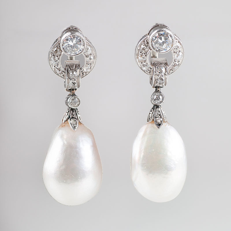A pair of Art Déc diamond earpendants with natural pearls