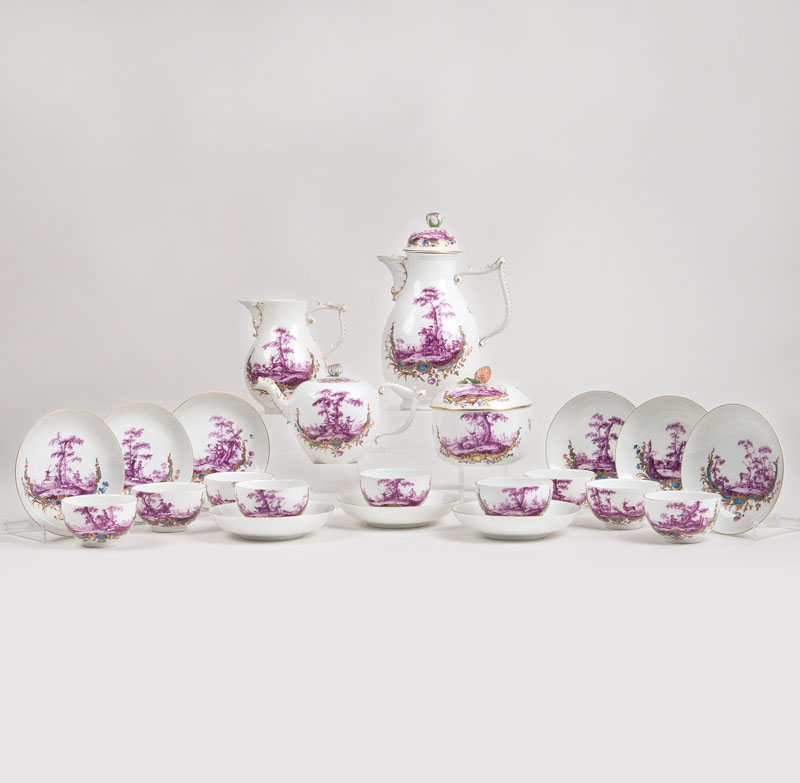 A coffee and tea service with purple hunting scenes after J.E. Ridinger