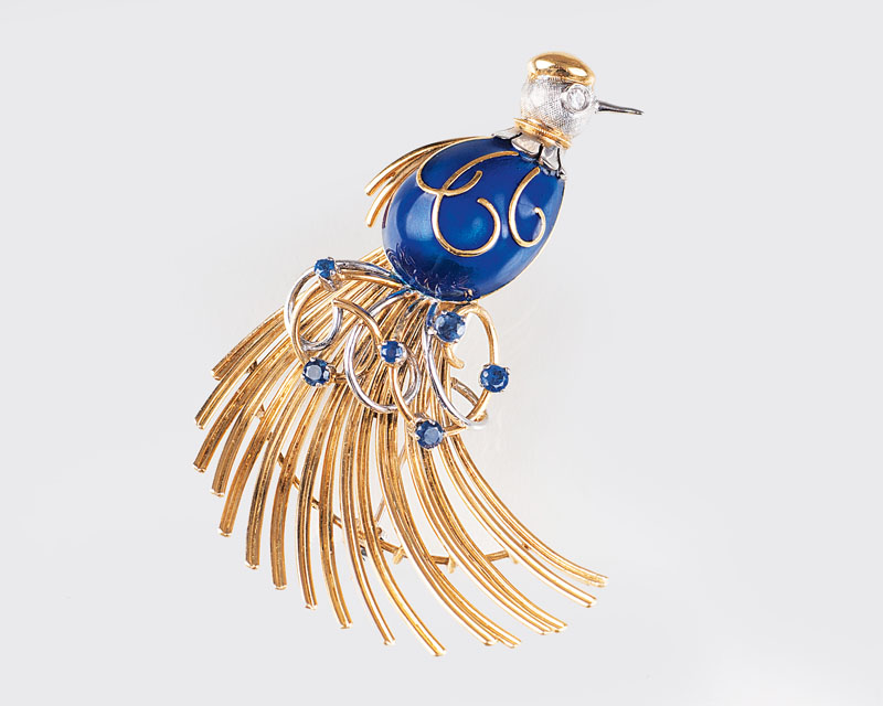 A enamel sapphire brooch 'Peacock'