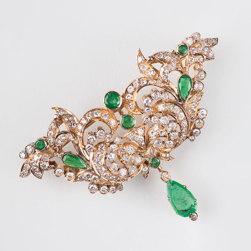 An extraordinary emerald diamond brooch