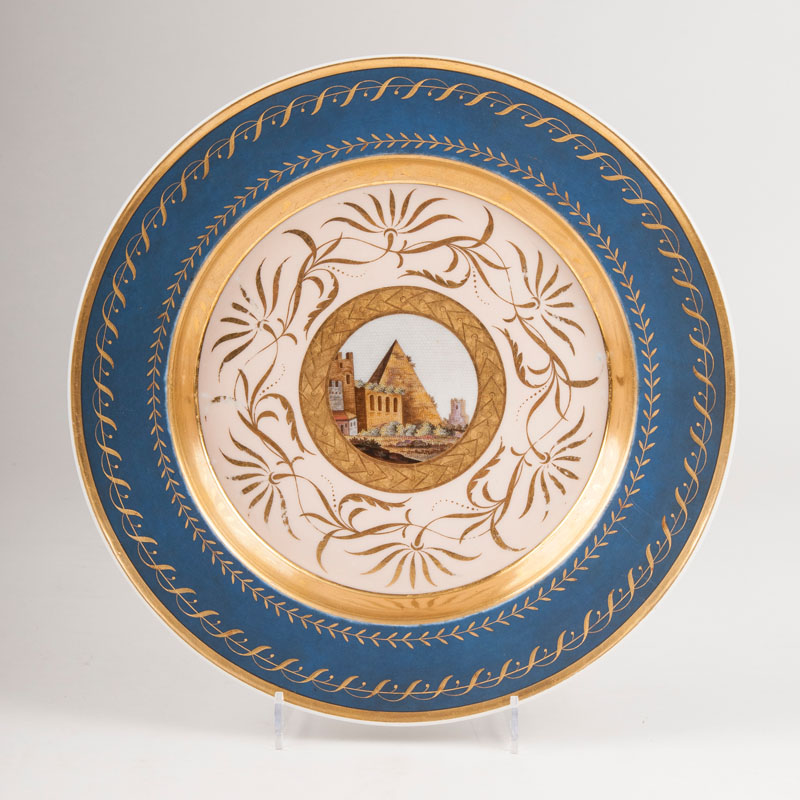 A rare plate with pale blue ground and micromosaic painting
