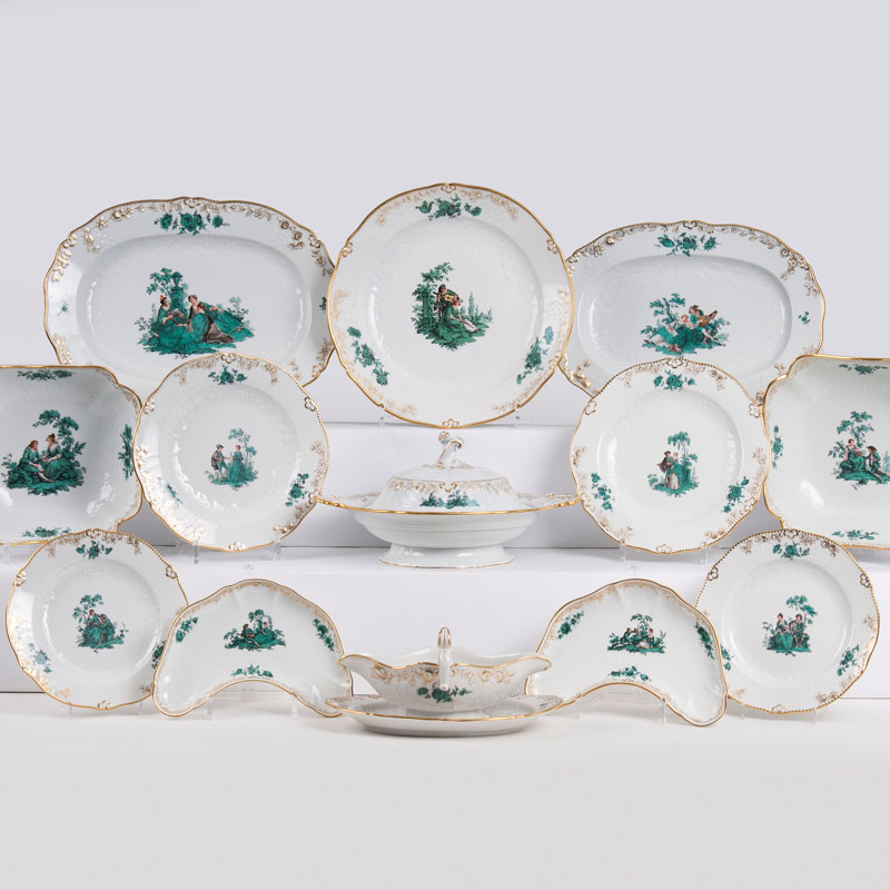 A dinner service for 6 persons with copper green Watteau painting