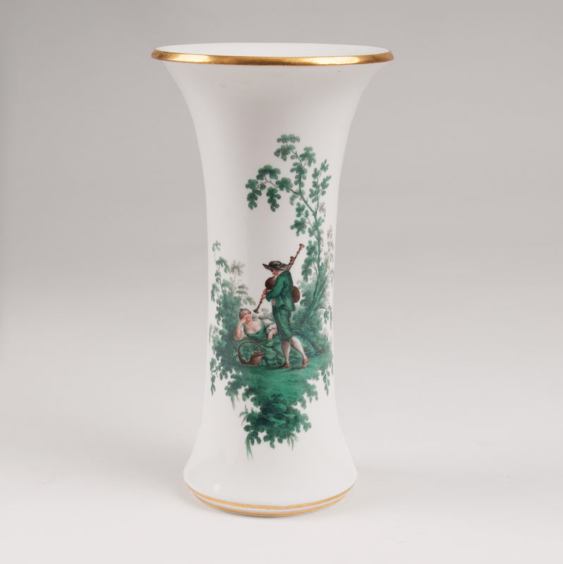 A trumpet-shaped vase with copper green Watteau painting