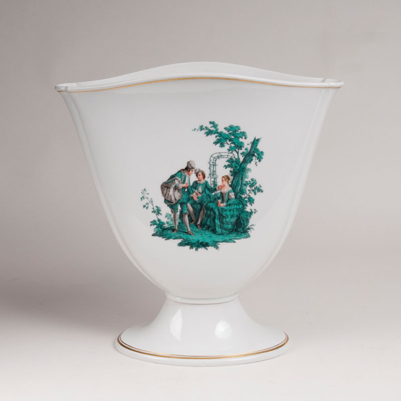 A large tulip-shaped vase with copper green Watteau painting