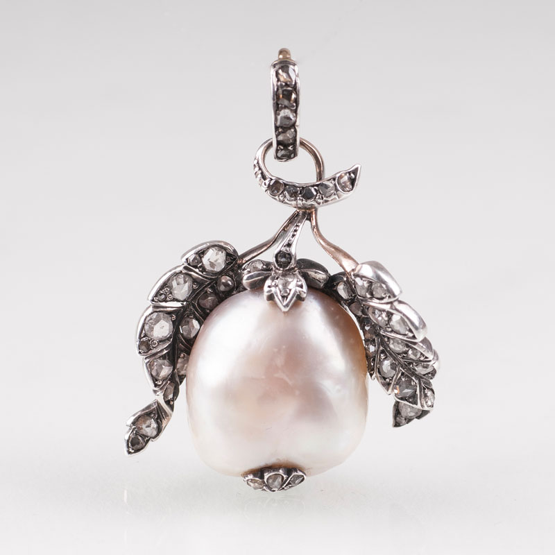 A rare, large antique natural pearl diamond pendant