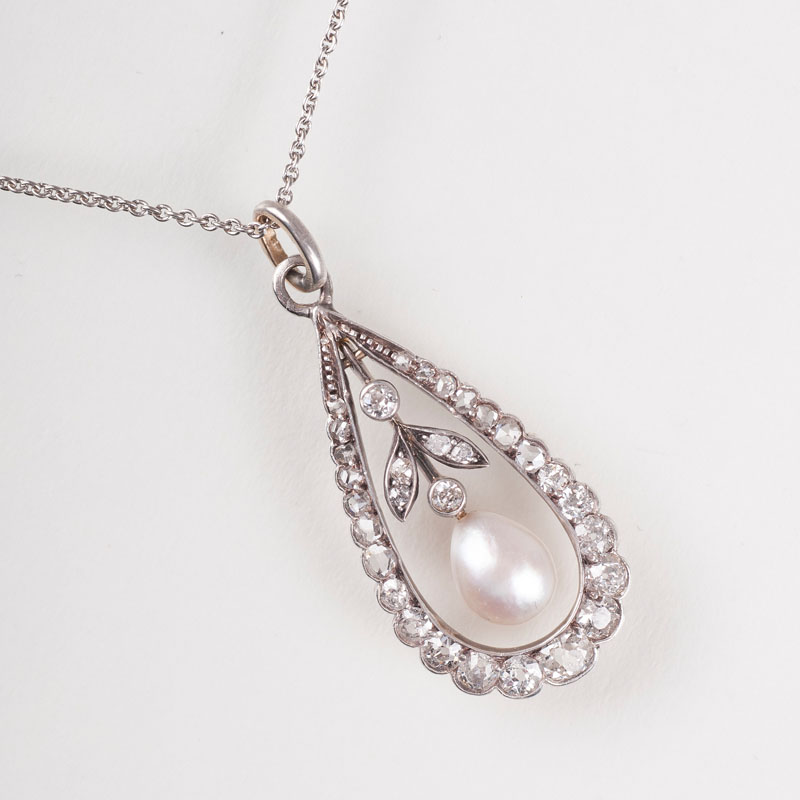 An Artnouveau diamond pearl pendant with necklace