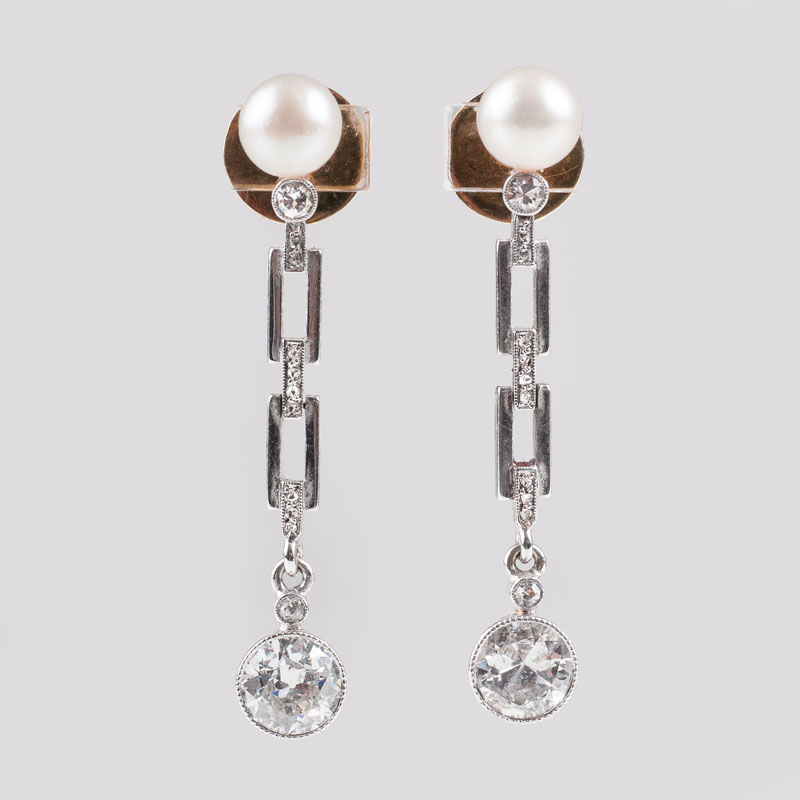 Paar antiker Ohrhänger mit Perlen und Altschliffdiamanten