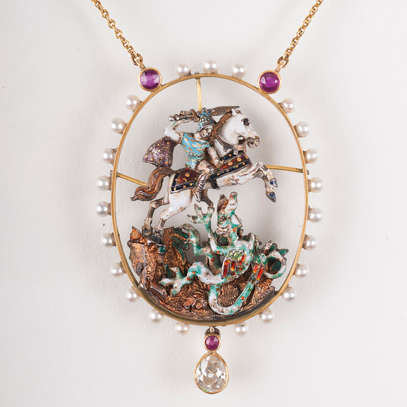 An antique pendant 'Saint George' with necklace