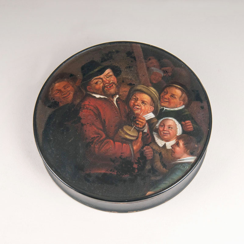 A Stobwasser snuff box with genre painting after Frans Hals