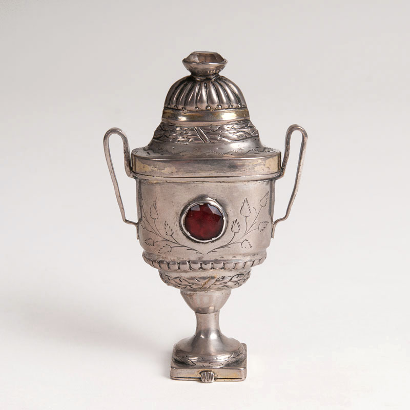 A silver perfume flacon in classical vase shape