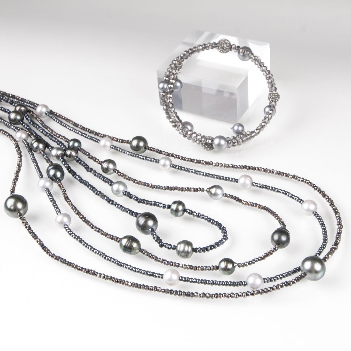Four modern Tahiti pearl markasite necklaces
