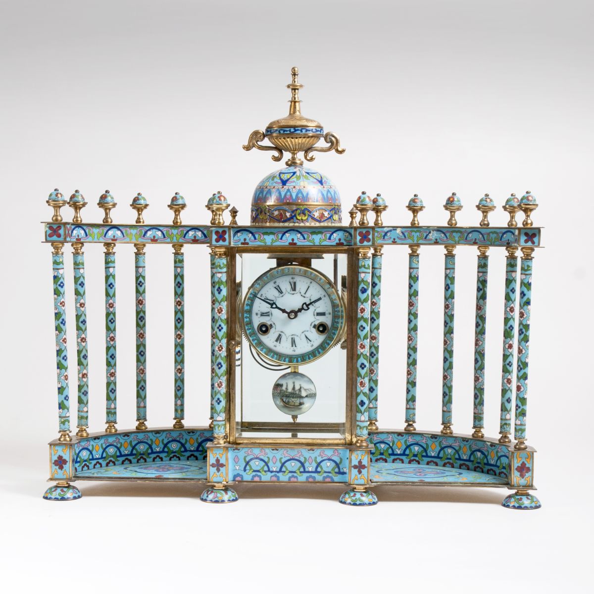 A Cloisonné mantel clock with portico