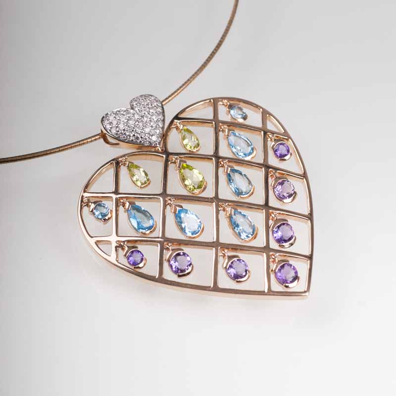 A heart pendant with colourful gemstone setting and necklace - image 2