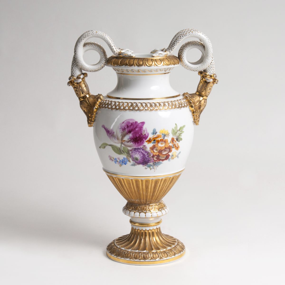 A Porcelain Vase with Snake Handles and Flower Painting