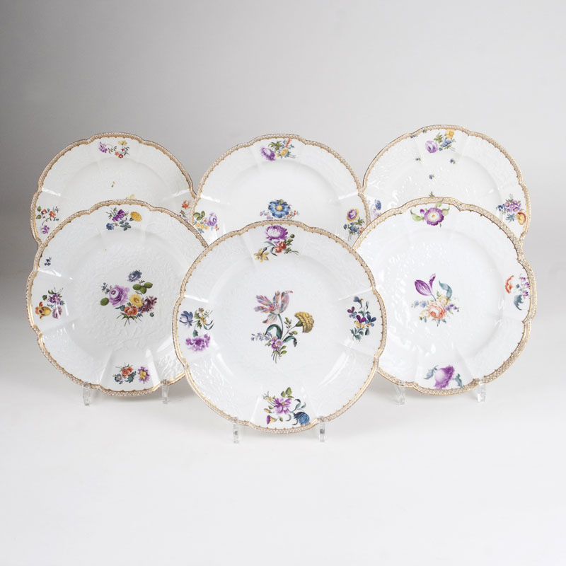 A set of 6 plates with Gotzkowsky relief and flower painting