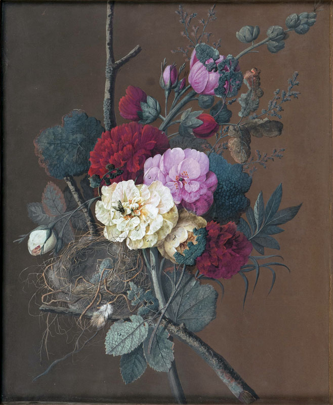 Bouquet mit Blüten, Vogelnest und Insekten