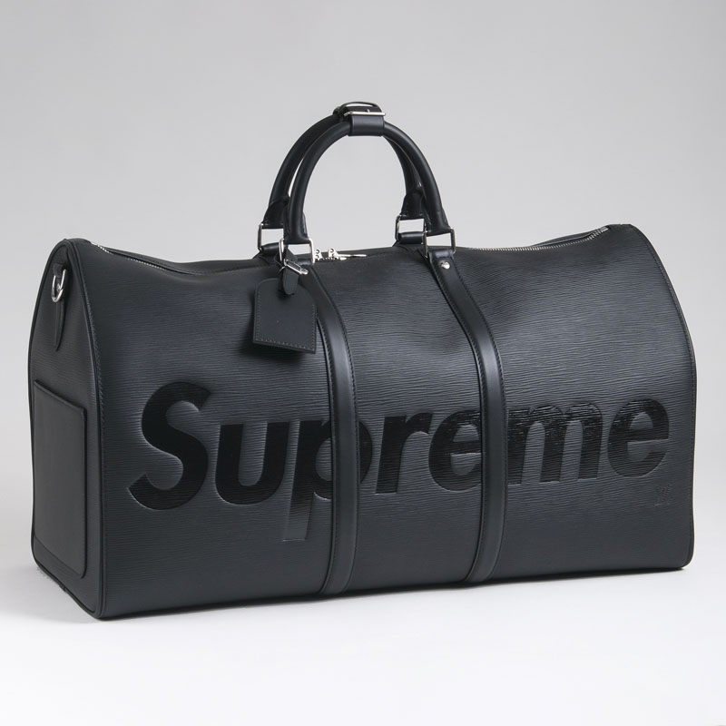 An iconic LV x Supreme Keepall 55 Bandoulière