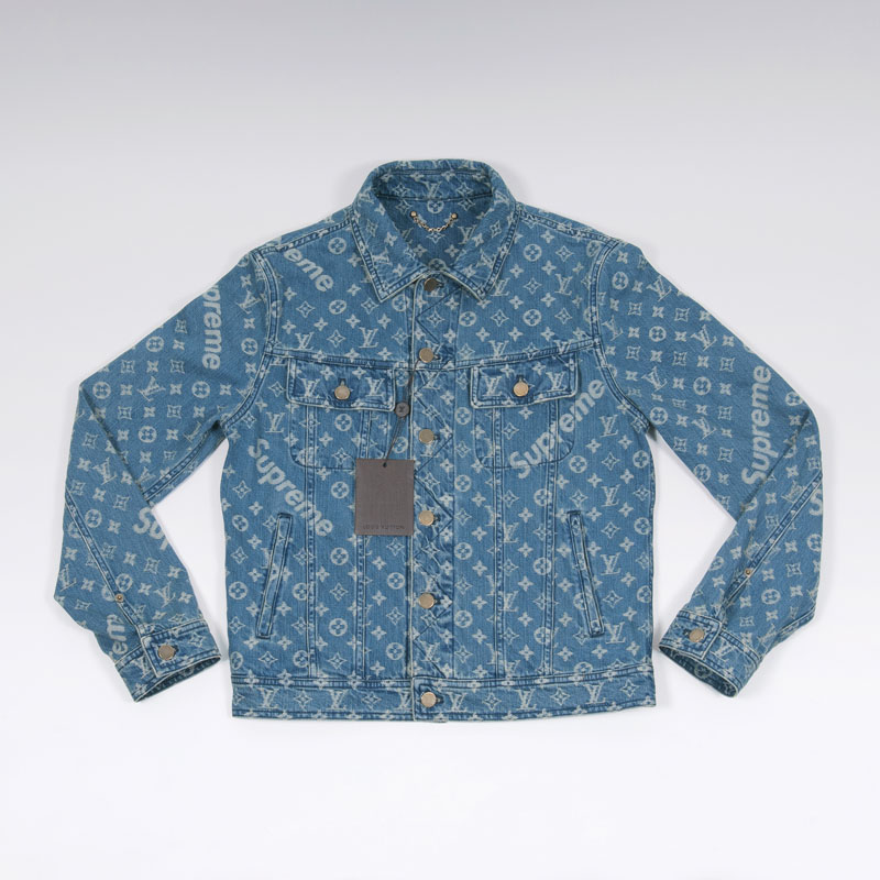 An iconic LV x Supreme Jacquard Denim Trucker Jacket