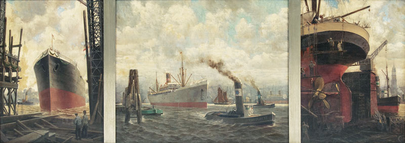 Triptych with Busy Ship Yard