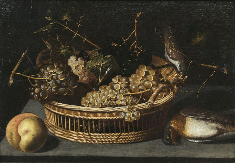 Still Life with Grapes, Peach and Birds