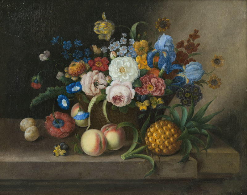 Stilleben mit Blumenkorb, Ananas und Pfirsichen