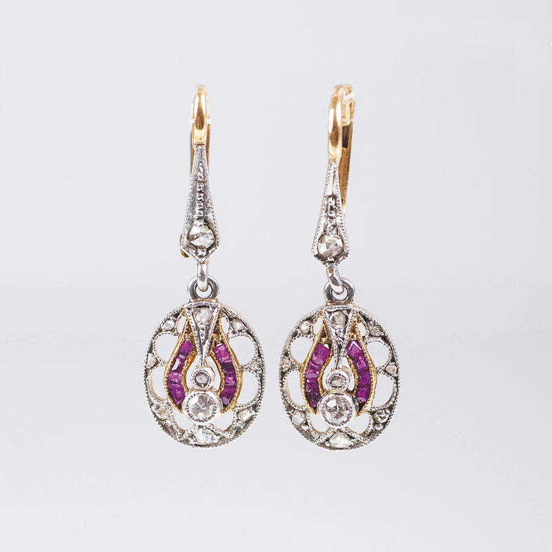 A pair of petite ruby diamond Art Déco earpendants