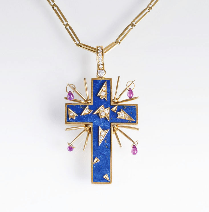 An extraordinary artist jewellery pendant 'Cross' with lapis lazuli and diamonds