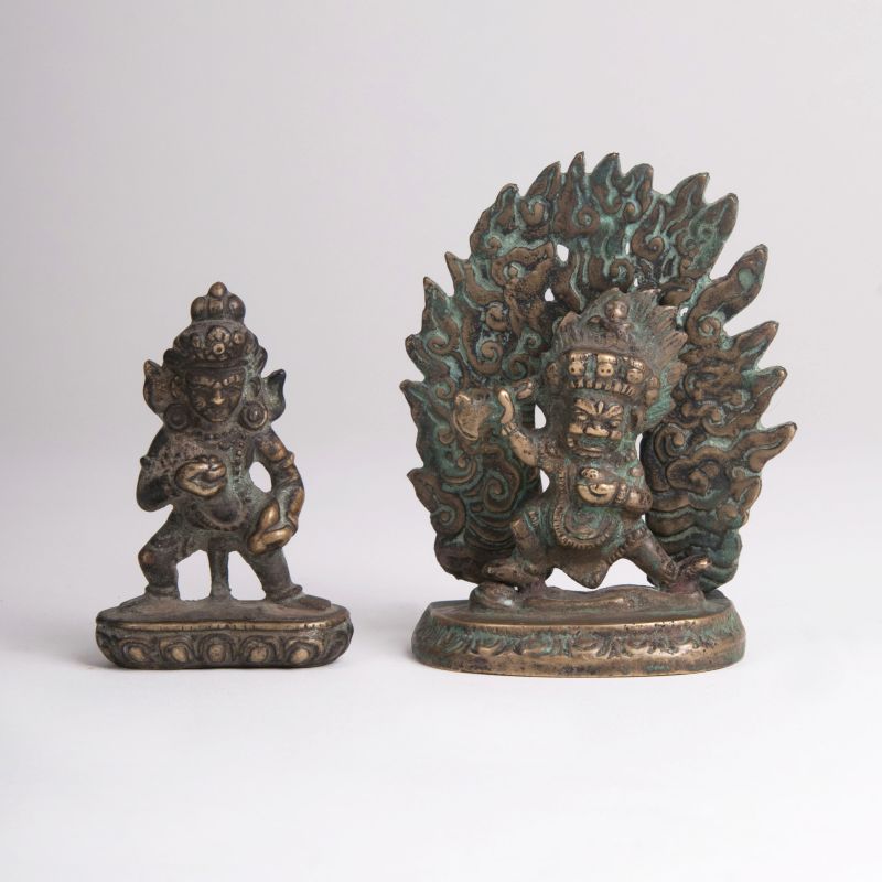 A Pair of Bronze Sculptures 'Black Jambhala and Bernagchen Mahakala'