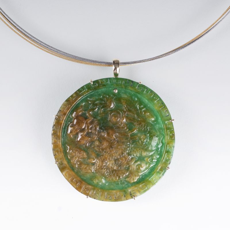 A jadeite disk pendant 'Lucky Dragon' with choker