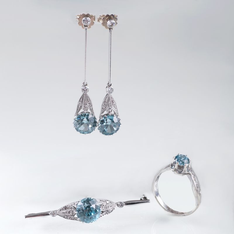 Jugendstsil-Schmuckset mit blauem Zirkon- und Diamant-Besatz