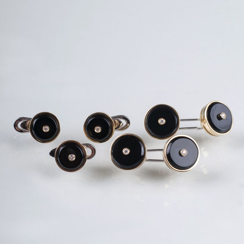 A set of tailcoat cufflinks and buttons with diamonds and onyx