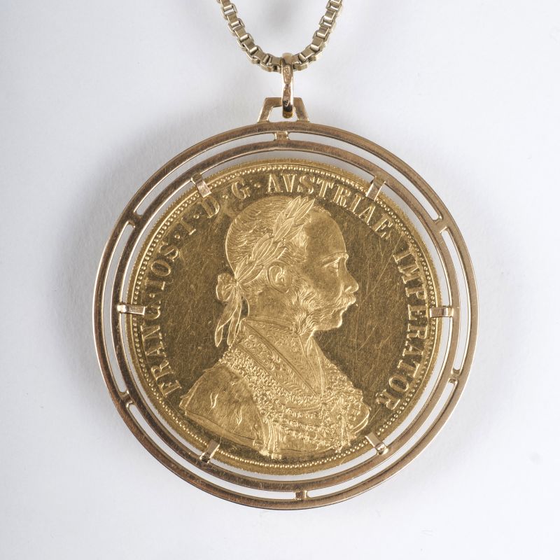 Vier-Dukaten-Goldmünze mit Bildnis des österreichischen Kaisers Franz Joseph I als Anhänger mit Kette