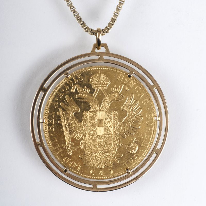 Vier-Dukaten-Goldmünze mit Bildnis des österreichischen Kaisers Franz Joseph I als Anhänger mit Kette - Bild 2