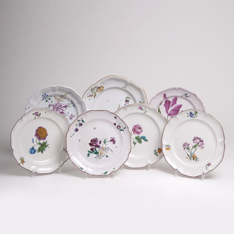 Seven Faience Plates with Flower Painting