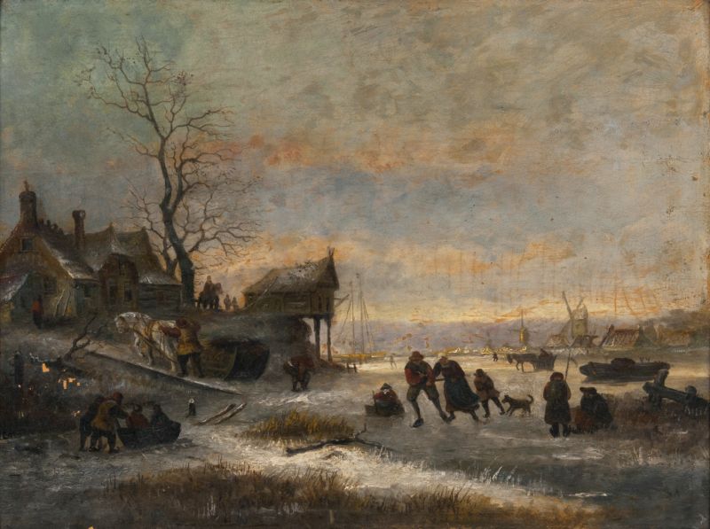 Winterlandschaft mit gefrorenem Kanal und Schlittschuhläufern