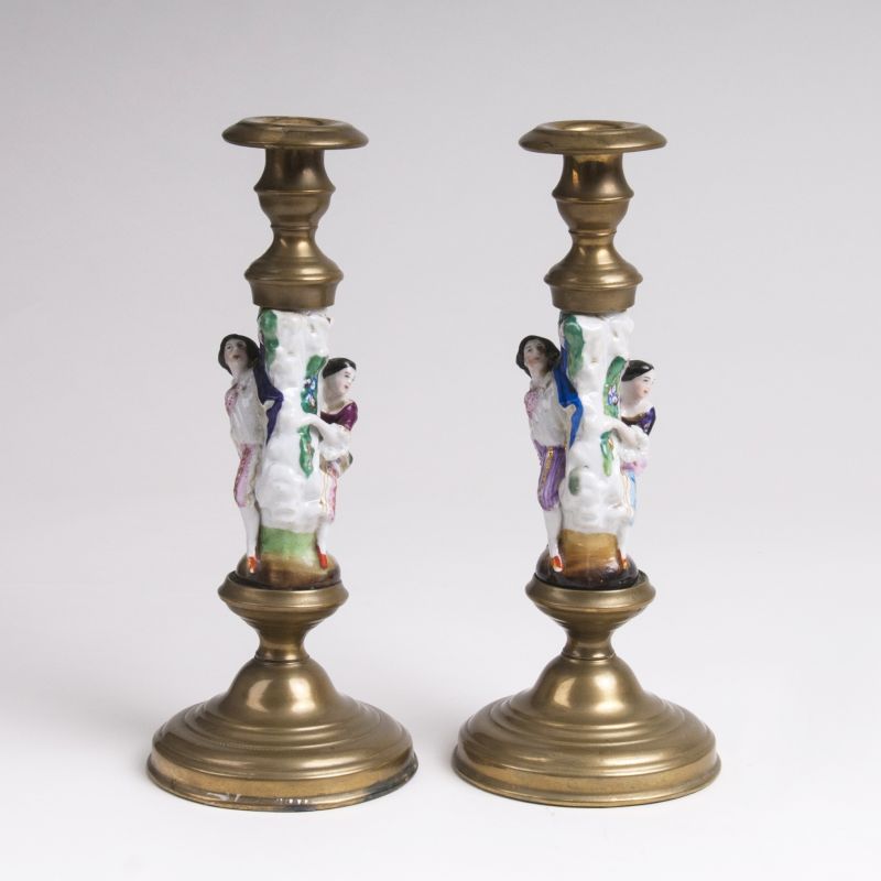 A Pair of Brass-Porcelain Candlesticks