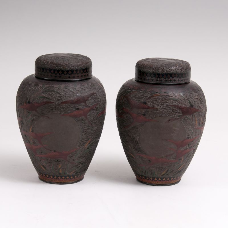 A Pair of Rare 'Totai Tree-Bark' Cloisonné Ginger Jars